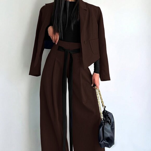 Coffee Brown Elegant Women's  Blazer Jacket & Wide Leg  Pants 2-Piece Set - Picture 3 of 7